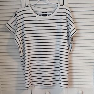 bobeau White Tee with Black Stripes - Short Sleeve